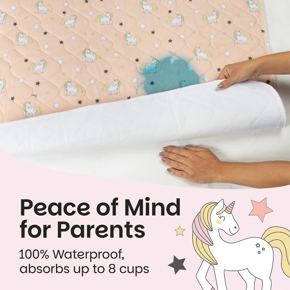 image 1 of Toddler Potty Training Bed Pads - Non-Slip - Soft Waterproof Bedwetting Pee Protector Mat for Kids - Multi-Layer, Washable, Absorbs Up to 2000ml - 90 x 85cm Pink | Unicorn | Single