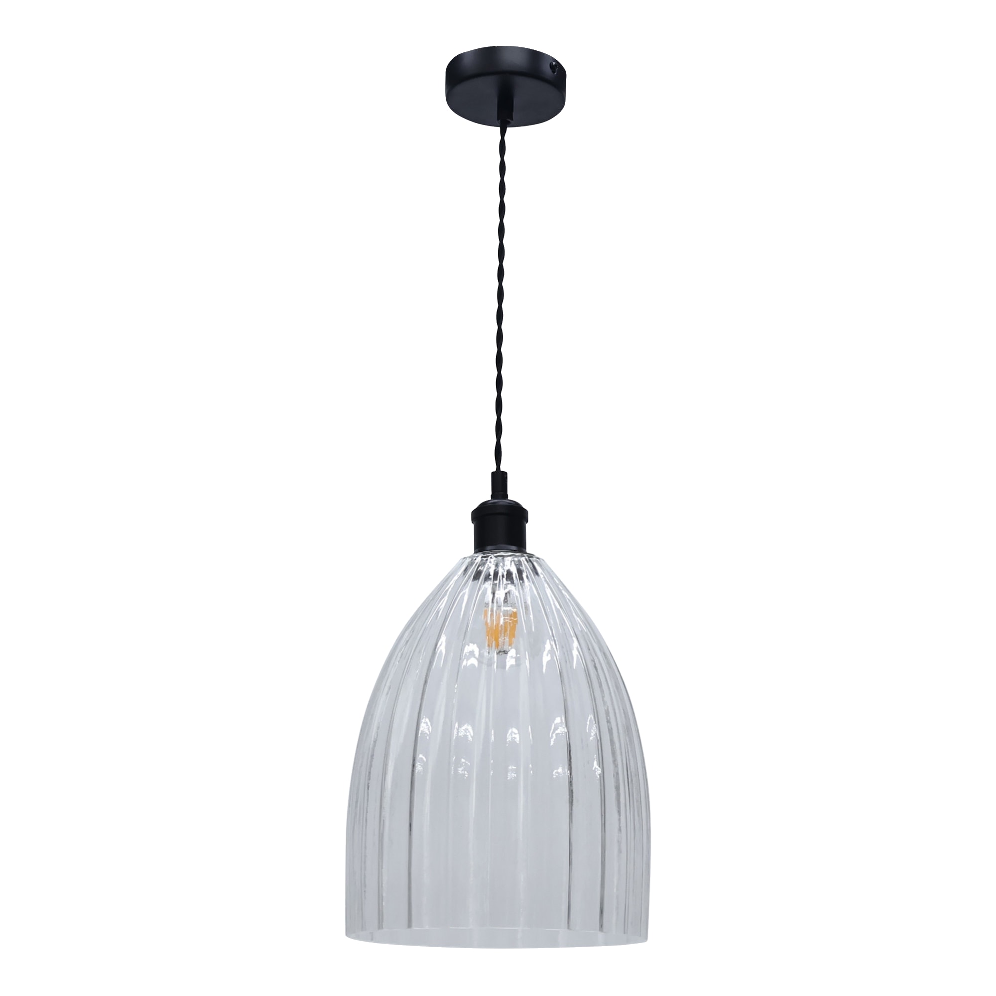 First Choice Lighting Hayes Black with Clear Fluted Glass Pendant Light