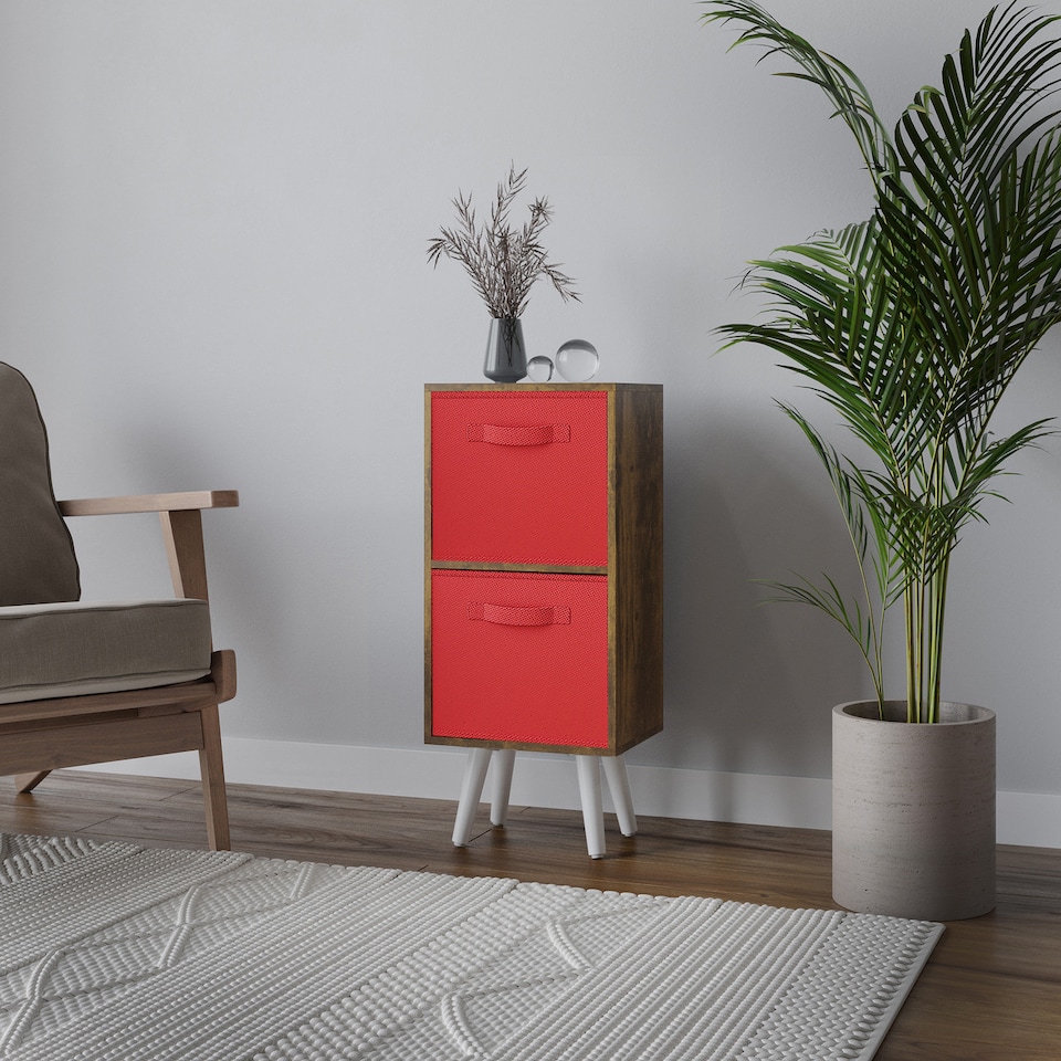 image 1 of Rustic Brown 2-Tier 2-Drawer Cube Shelving Unit with Scandinavian Legs | Red | Red & White | 1