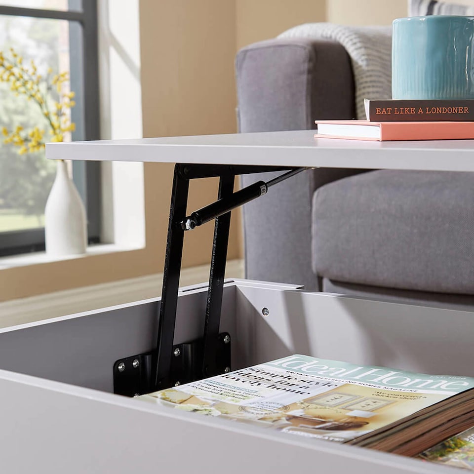 image 1 of Wooden Coffee Table With Lift Up Top Storage Area and Magazine Shelf | Grey