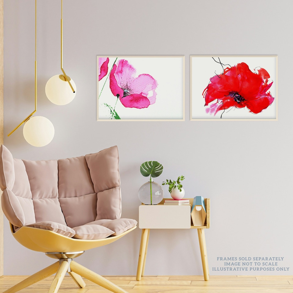 image 1 of Set of 2 Pink Red Poppy Flowers delicate Watercolour Bloom Floral Botanical Wall Art Prints 12x16 Inch