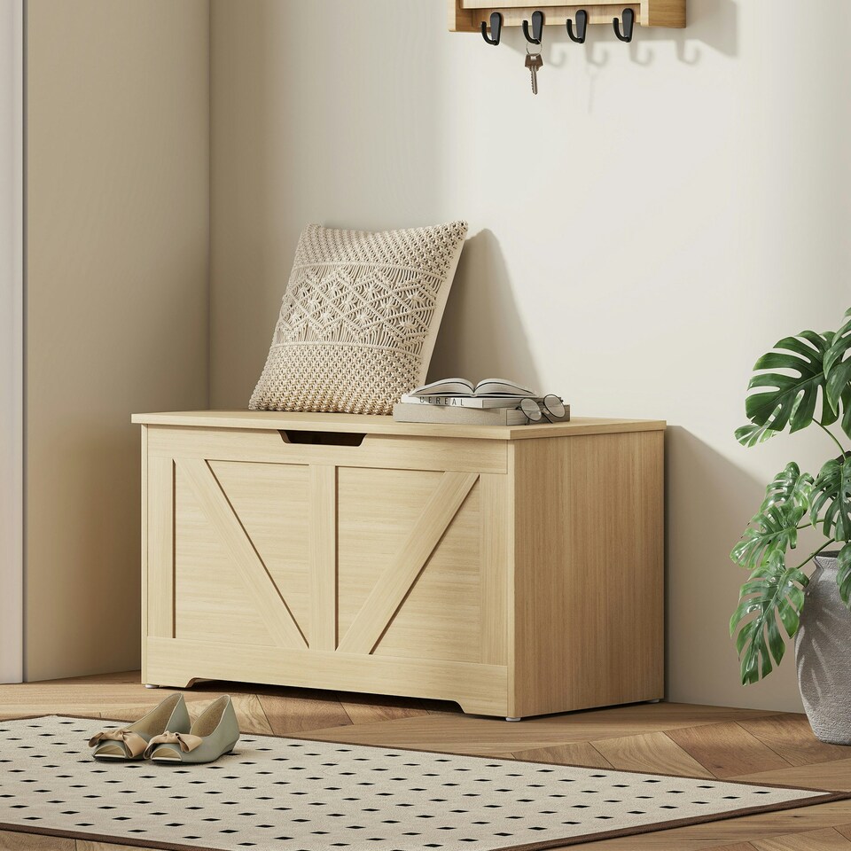 image 1 of HOMCOM Storage Trunk with 2 Safety Hinges, 80cm, Natural Wood Finish | Brown | 80 x 40 x 45 cm