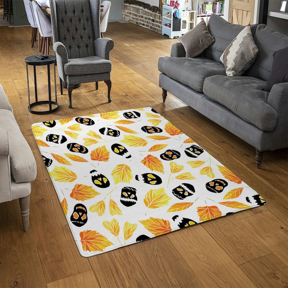 image 1 of Autumn Leaves & Halloween Skulls (Rug) Orange | XL: 160x230cm