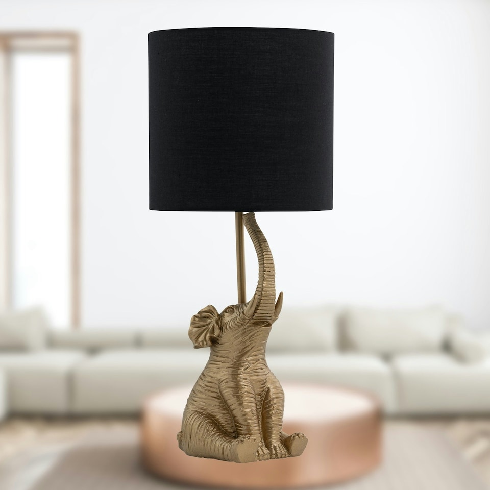 image 1 of First Choice Lighting Elephant Gold Resin Table Lamp With Black Fabric Shade Gold | Black