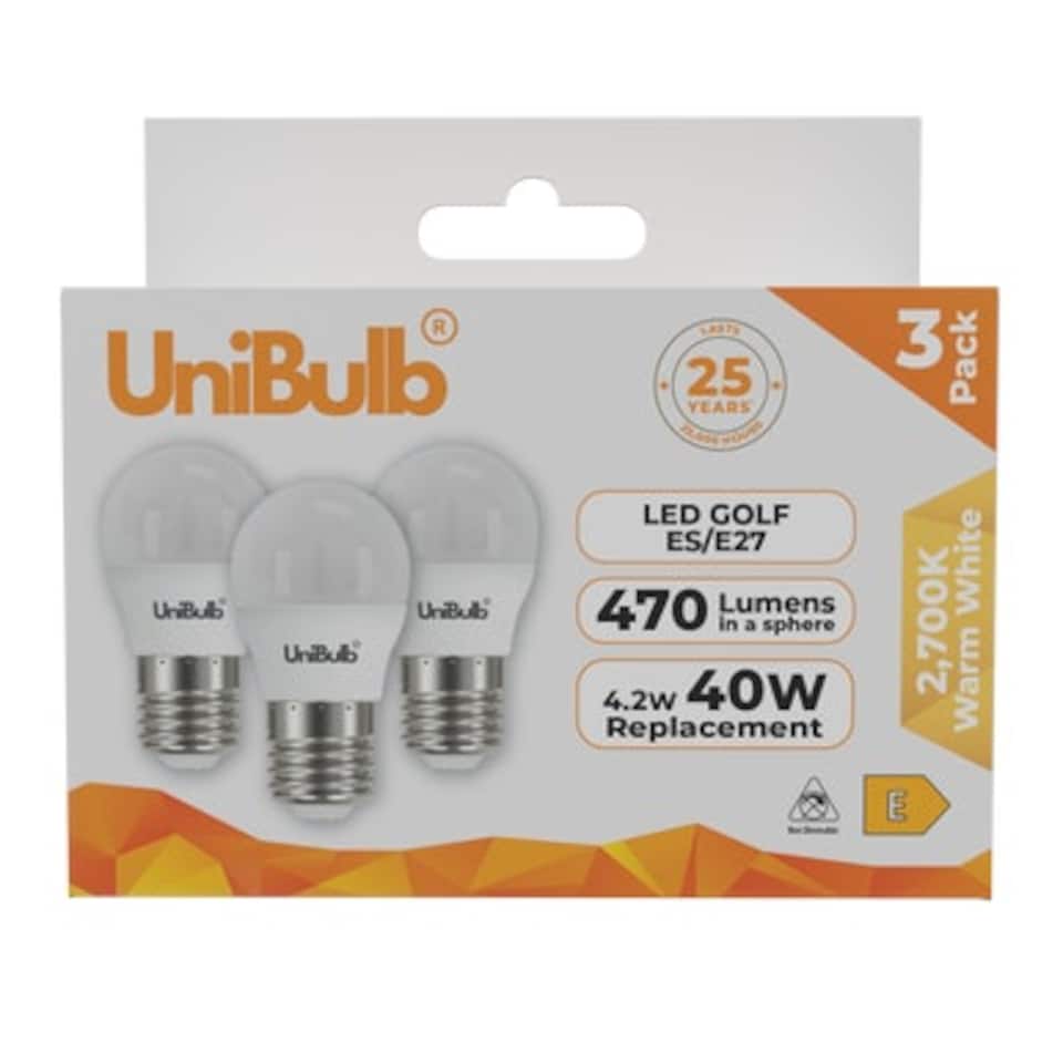 image 1 of UniBulb LED Golf Ball E27 470lm 4.2W 2700K (Warm White) Light Bulb - Pack of 3