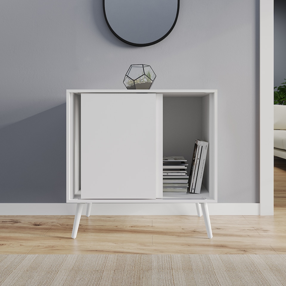 image 1 of URBNLIVING 2 Sliding Door Cabinet With Wooden Legs Storage Unit | Multi | White Carcass & White Legs | H80 x W80 x D51.5 cm | 1