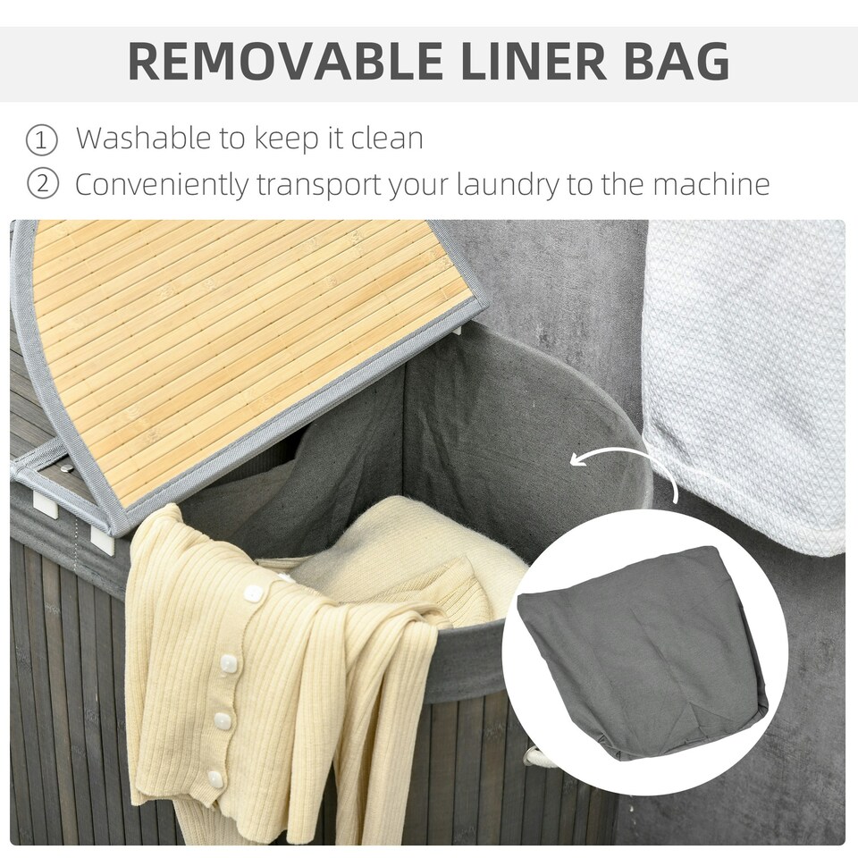 image 1 of HOMCOM 100L Bamboo Laundry Basket w/ 2 Compartments Washing Baskets Grey