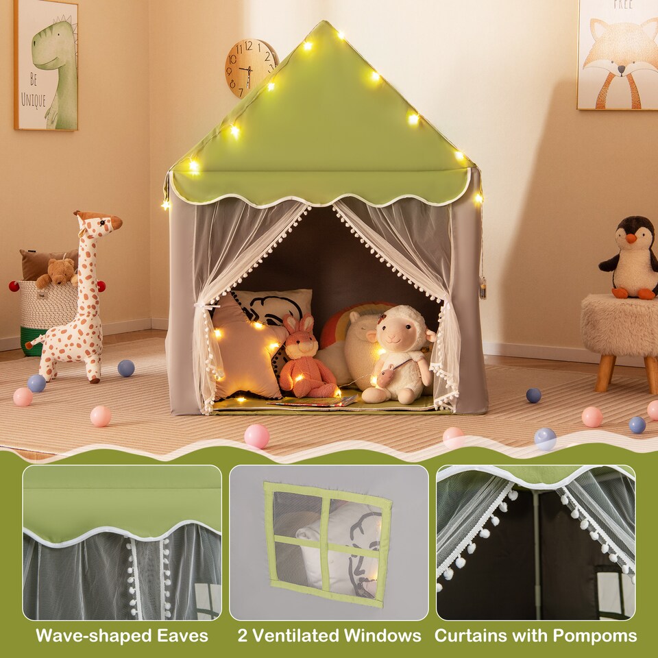 image 1 of COSTWAY Kids Playhouse Tent w/ Washable Mat & Star Lights-Green