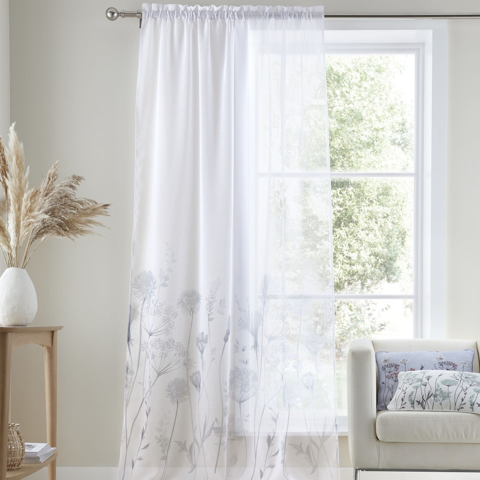 image 1 of Catherine Lansfield Meadowsweet Floral 55x72 Inch Tab Top Voile Curtain Panel White