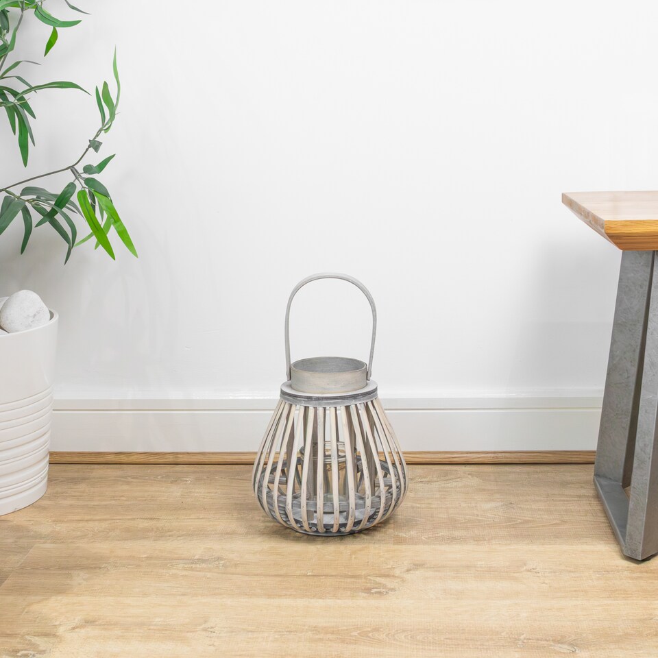 image 1 of JVL Luna Set of 2 Natural Bulb Shaped Willow Wood Lantern With Wooden Handle, Grey Wash