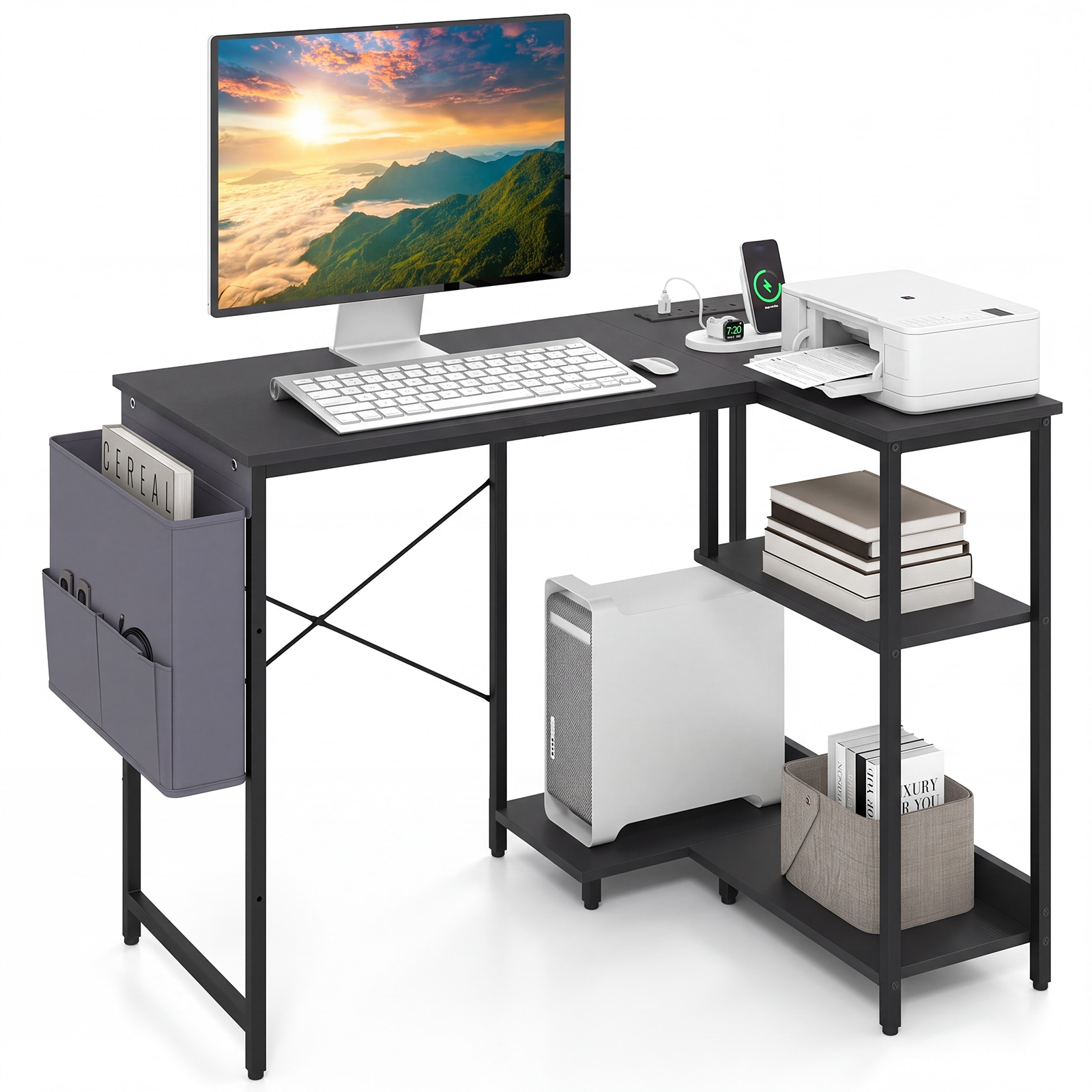 Costway L-Shaped Computer Desk with Integrated Charging Hub-Black