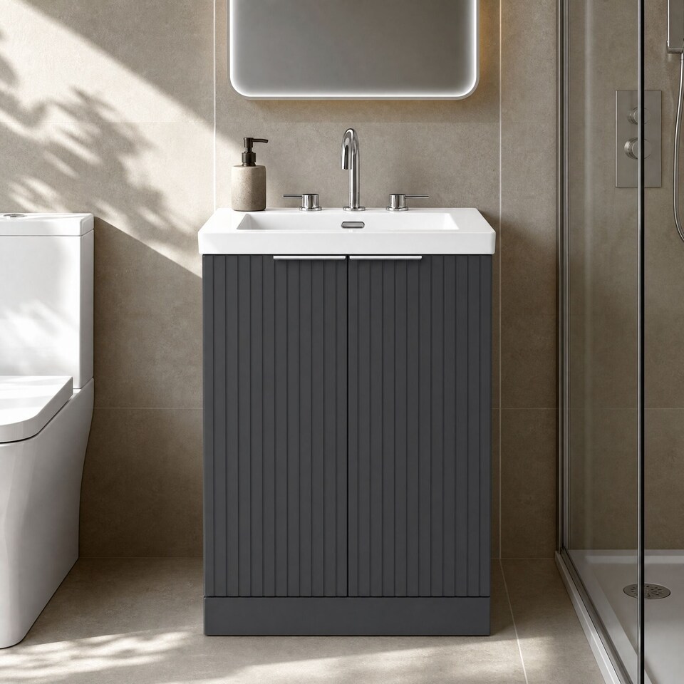 image 1 of Balterley Callingwood Contemporary Floor Standing 2 Door Vanity Unit with 3 Tap Hole Fireclay Basin , 600mm, Dark Grey