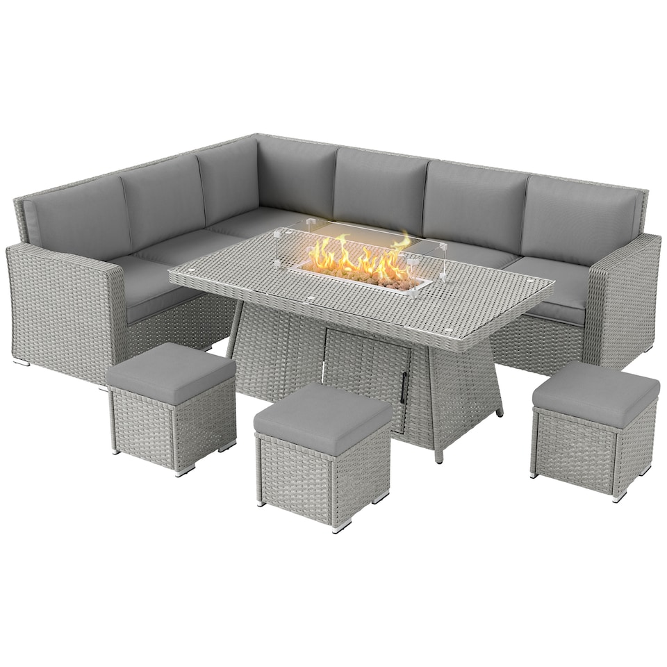 image 1 of Outsunny 7 Pieces Rattan Garden Furniture Set w/ 50,000 BTU Fire Pit Table | Grey