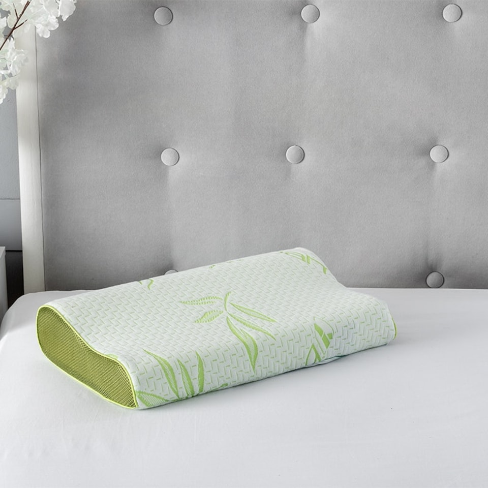 image 1 of Small Bamboo Memory Foam Contour Neck Support Organic Orthopaedic Pillow Green