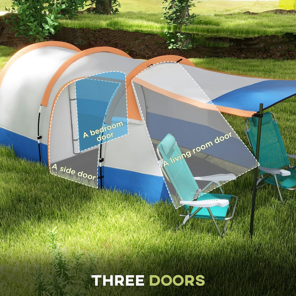 image 1 of Outsunny 2-3 Man Camping Tunnel Tent with Bedroom and Living Room, Orange