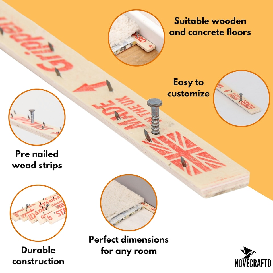 image 1 of NOVECRAFTO Carpet Gripper Rods – 76cm Pre-Nailed Strips with Dual-Purpose Pins for Underlay Installation on Stairs, Concrete & Wood Floors Brown | 40