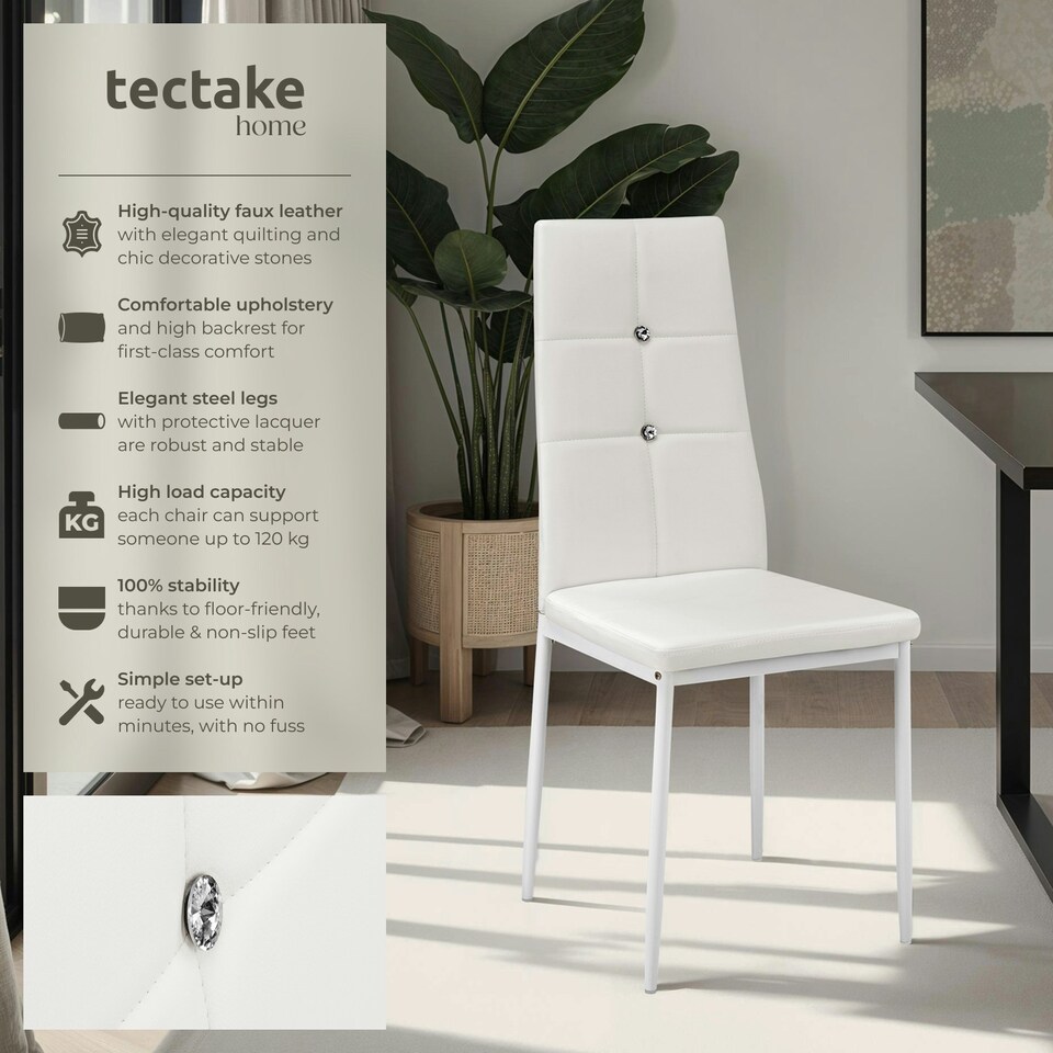 image 1 of Dining Chair Set - high backrest, slim steel legs & rhinestone highlights - Set of 4 White