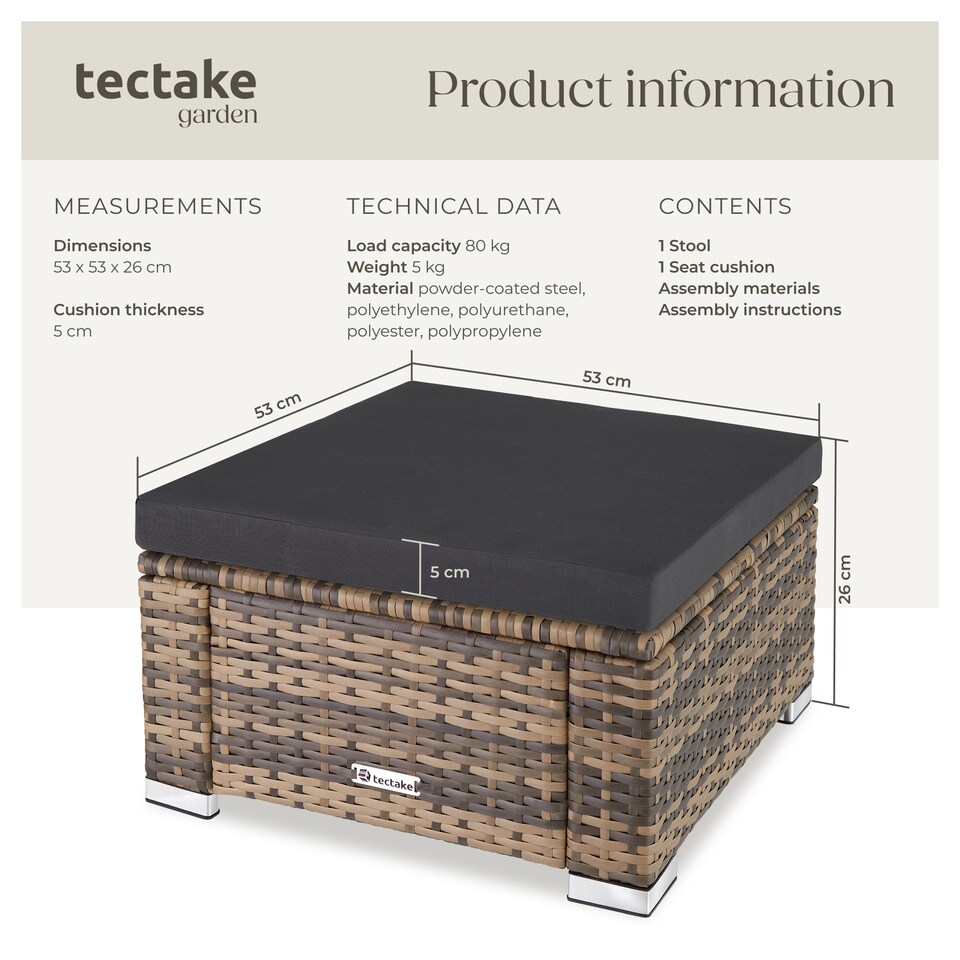 image 1 of Footstool Bitonto - durable, UV-resistant polyrattan chair, 53 x 53 x 26 cm | Cream | nature | One Size | 1