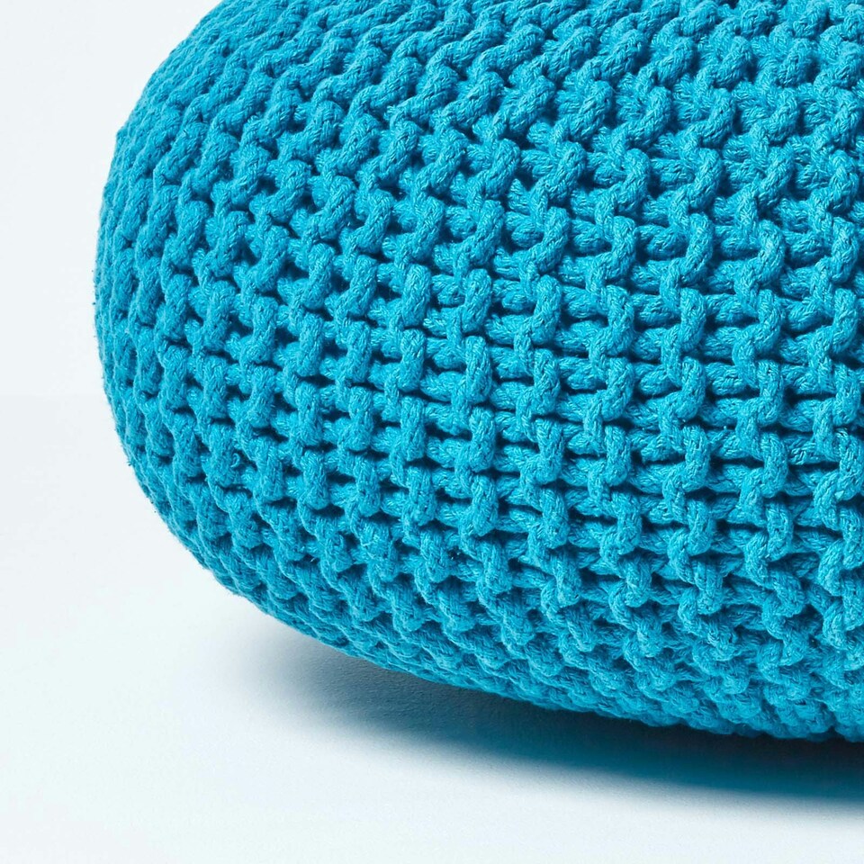image 1 of Homescapes Teal Blue Large Round Cotton Knitted Pouffe Footstool