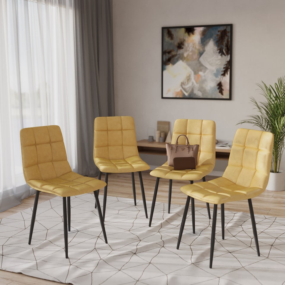 image 1 of 5-Piece Dining Set - 80cm Square Sintered Stone Table and 4 Velvet Chairs with Metal Legs | White | Gloss White & Yellow | 1