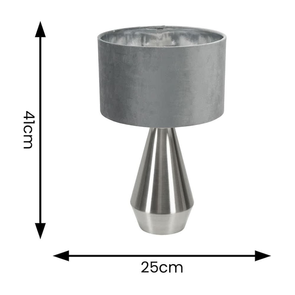 image 1 of ValueLights Jax Brushed Chrome Touch Table Lamp Grey Velvet Chrome Shade and Bulb
