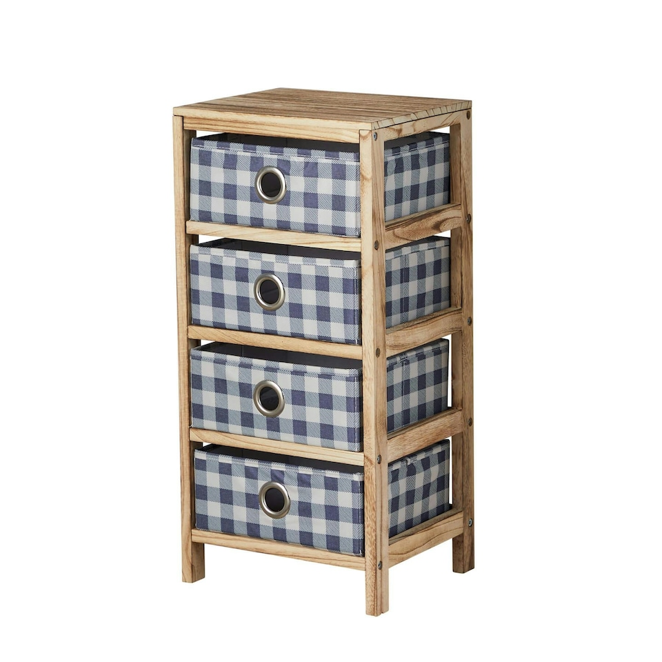 image 1 of Wooden Chest Of Storage Drawers Plaid Fabric Bedroom Organiser Coastal Style Brown | 4 Drawers
