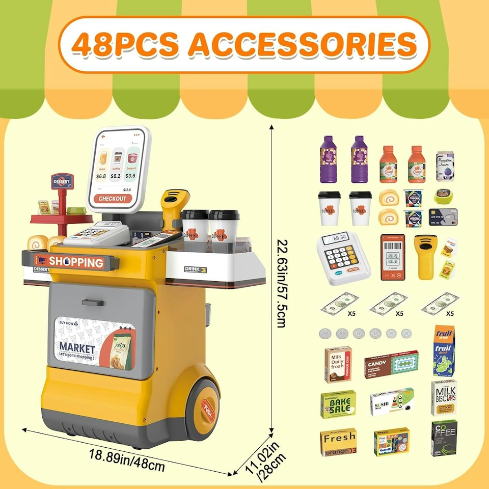image 1 of 47PCS Grocery Store Cash Register Playset with Scanner Play Food Sound and Light Effects