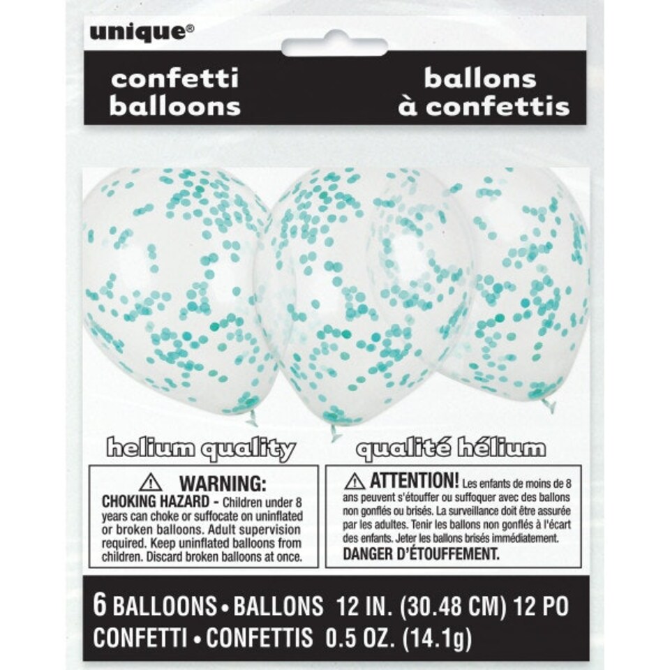 image 1 of Pack of 6 Clear Latex Balloons with Caribbean Teal Confetti 12"