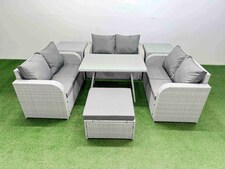 Fimous Rattan Garden Furniture Dining Set 7-seater Patio Rectangular Table Love Sofa Set with 2 Side Tables Big Stool