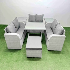 Fimous Rattan Garden Furniture Dining Set 7-seater Patio Rectangular Table Love Sofa Set with 2 Side Tables Big Stool
