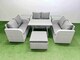 image 1 of Fimous Rattan Garden Furniture Dining Set 7-seater Patio Rectangular Table Love Sofa Set with 2 Side Tables Big Stool