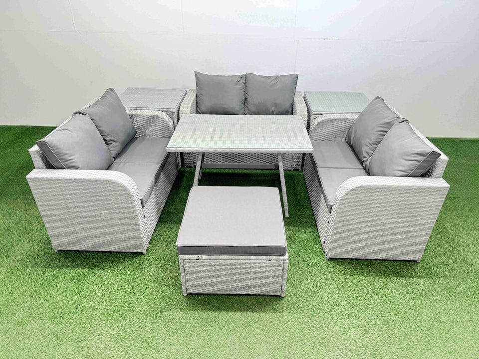 image 1 of Fimous Rattan Garden Furniture Dining Set 7-seater Patio Rectangular Table Love Sofa Set with 2 Side Tables Big Stool