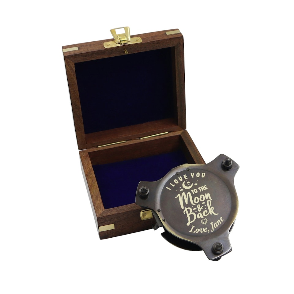 image 1 of Engraved 3-Inch Gunmetal Sundial Compass with Wooden Box