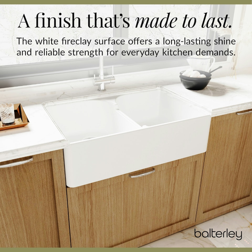 image 1 of 795mm - Double Bowl Fireclay Butler Kitchen Sink - Stepped Weir & Wastes