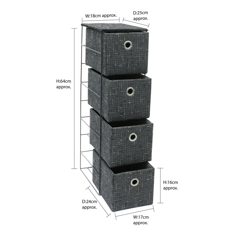 image 1 of JVL Shadow 4 Drawer Narrow Fabric Storage Tower, Grey Grey
