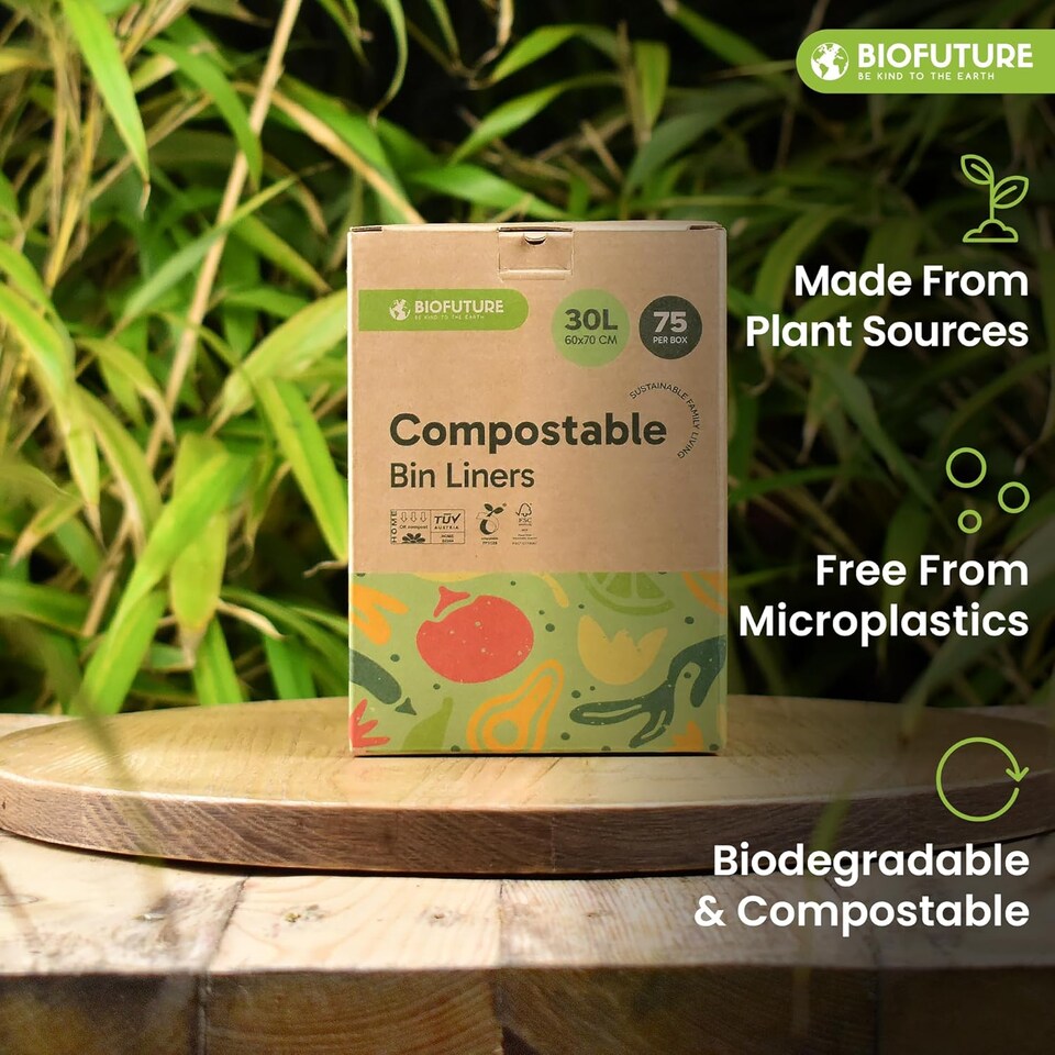 image 1 of Biofuture 30L x 75 Compostable Bin Liners | Home Compostable & Council Approved | Fits 29-31L Kerbside Food & Compost Bins | EN13432 Certified & TUV Certified