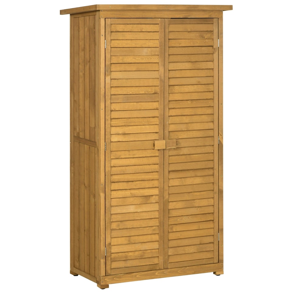 image 1 of Outsunny Small Shed, Wooden Garden Storage Shed, 3 Shelves Outdoor Tool Shed Cabinet with Asphalt Roof and Shutter Doors, 87cm x 47cm x 160cm, Natural Wood Finish