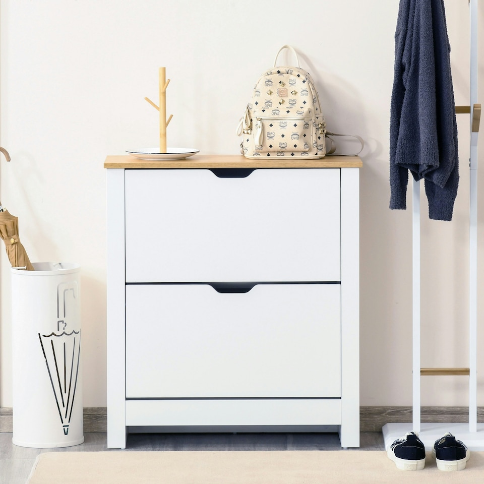 image 1 of HOMCOM 12-Shoe Storage Cabinet 4 Shelves 2 Drawers Tabletop 4 Legs Modern White