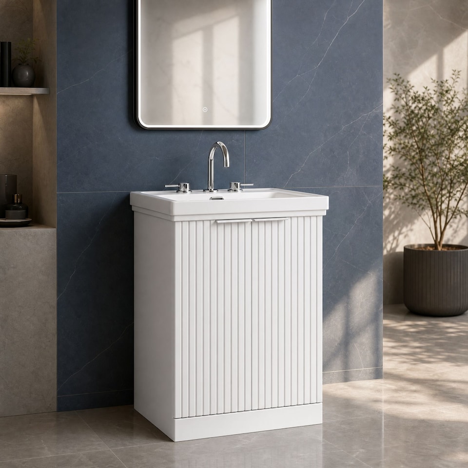 image 1 of Balterley Callingwood Contemporary Floor Standing 2 Door Vanity Unit with Traditional 3 Tap Hole Fireclay Basin , 600mm, Matt White