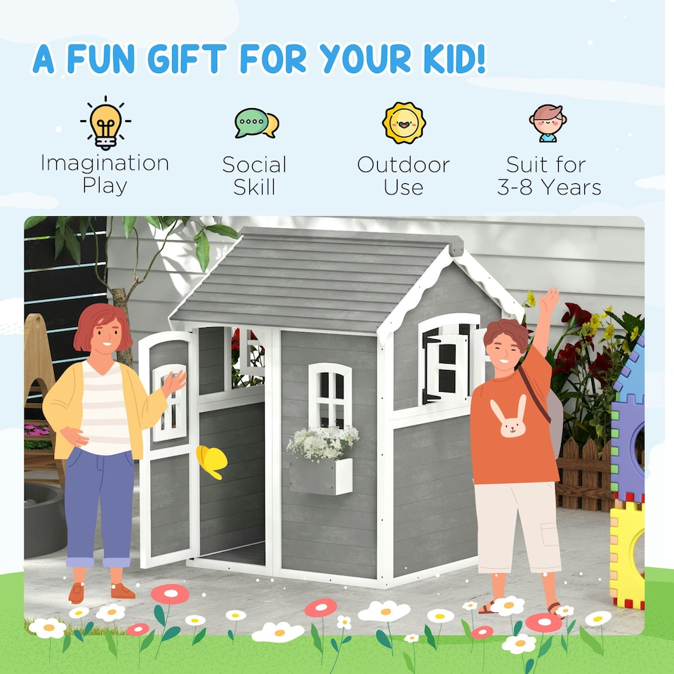 image 1 of Outsunny Wooden Wendy House for Kids with Floor, for Gardens, Patios - Grey