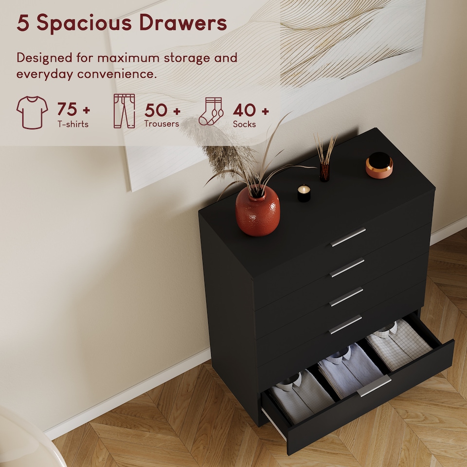 image 1 of Vida Designs Trega 5 Drawer Chest of Drawers Bedroom Clothing Organiser Storage Unit - Black