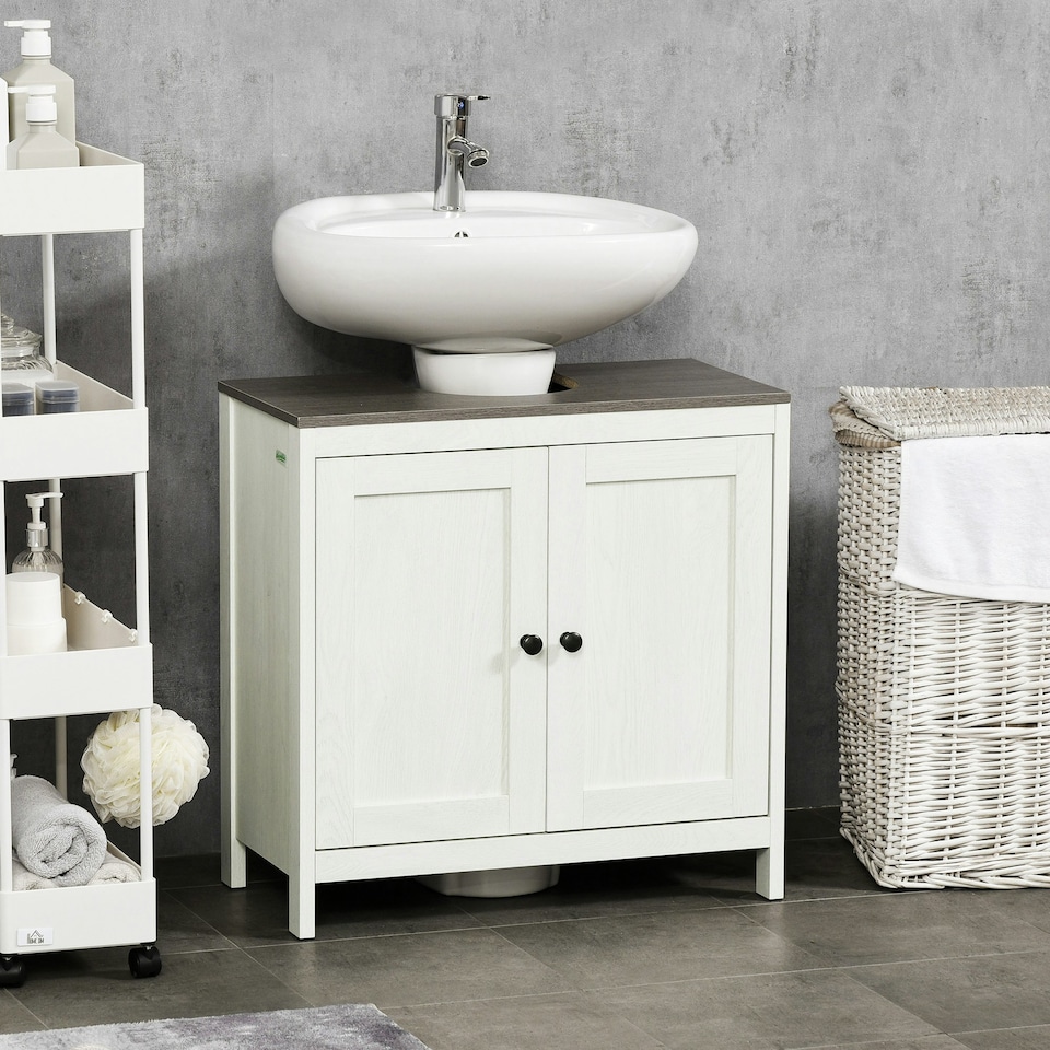 image 1 of kleankin Bathroom Sink Cabinet, Freestanding Under Sink Cabinet Adjustable Shelf White | White