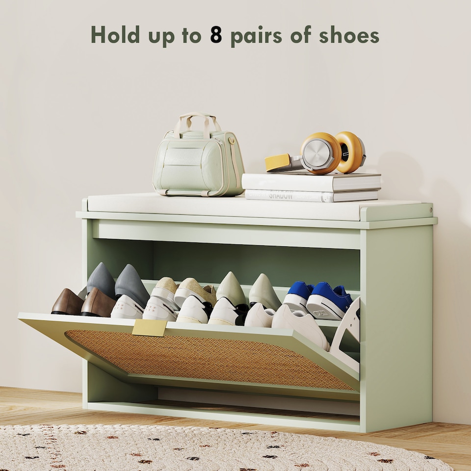 image 1 of HOMCOM Narrow Shoe Bench with Padded Seat and Flip-Drawer, Boho Shoe Storage Bench with Rattan Door and Adjustable Shelf for Hallway, Entryway, Holds 8 Pairs, Light Green | Green | Light Green