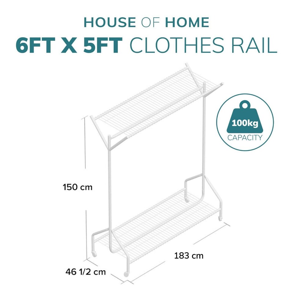 image 1 of House of Home Clothing Rail Heavy Duty Hanging Clothes Shoe Hat Rack Shelves With Wheels 6ft x 5ft | Black