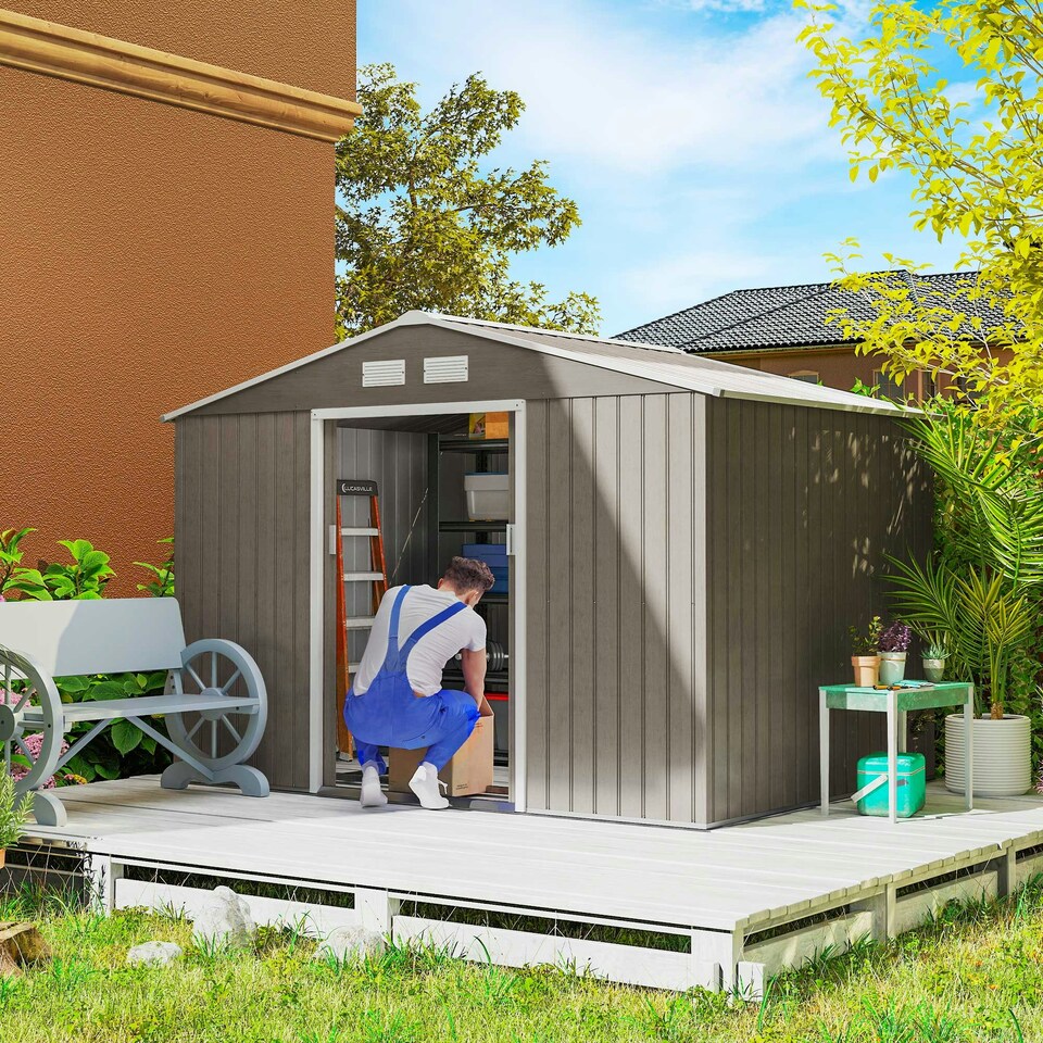 image 1 of Outsunny 9 x 6FT Galvanised Garden Storage Shed with Sliding Door, Brown