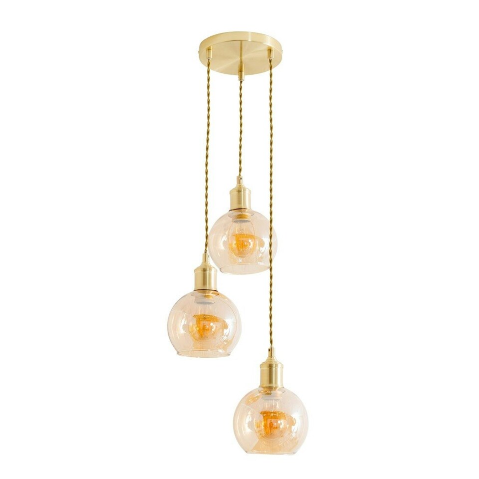image 1 of ValueLights Bellamy Amber Glass Globe 3 Drop Cluster Gold Ceiling Pendant Light with Bulbs Gold