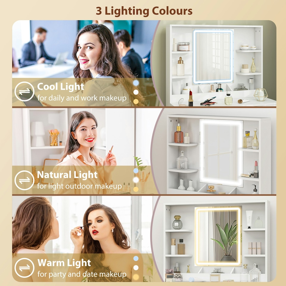 image 1 of HOMCOM Dressing Table with LED Lighted Mirror and Cushioned Stool White | White | Gold | 80W x 40D x 137.5H cm