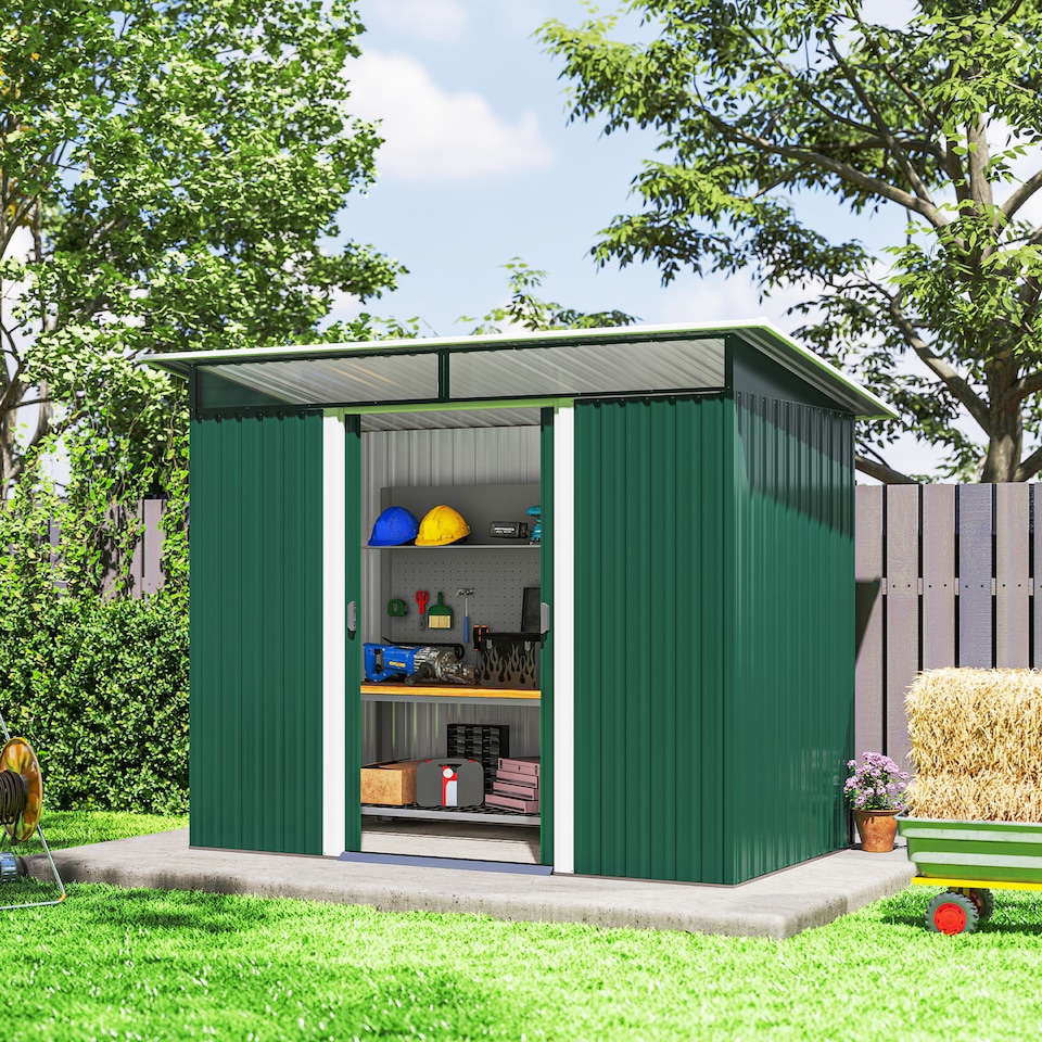 image 1 of Outsunny 8.5 x 4ft Metal Shed with Lightsky Panels, Garden Storage Tool House with Double Doors for Garden, Patio and Lawn, Green