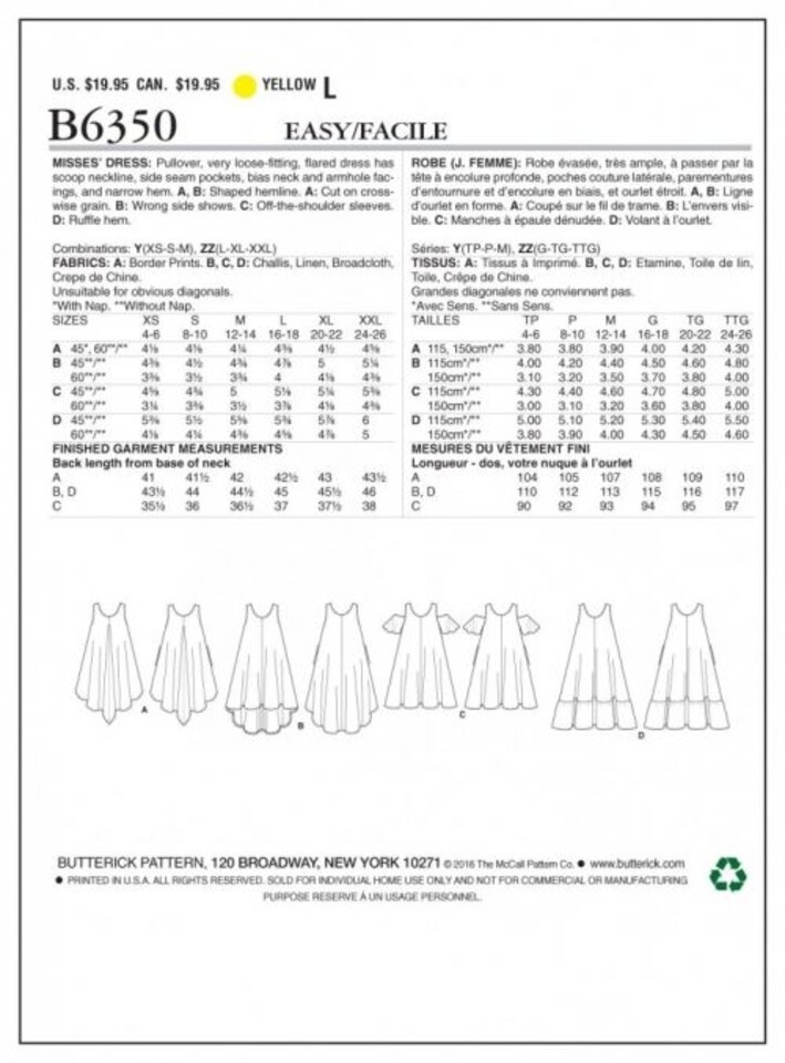 image 1 of Butterick 6350 Paper Sewing Pattern – Women’s Dress, UK Sizes 16–18–20–22–24–26, Easy