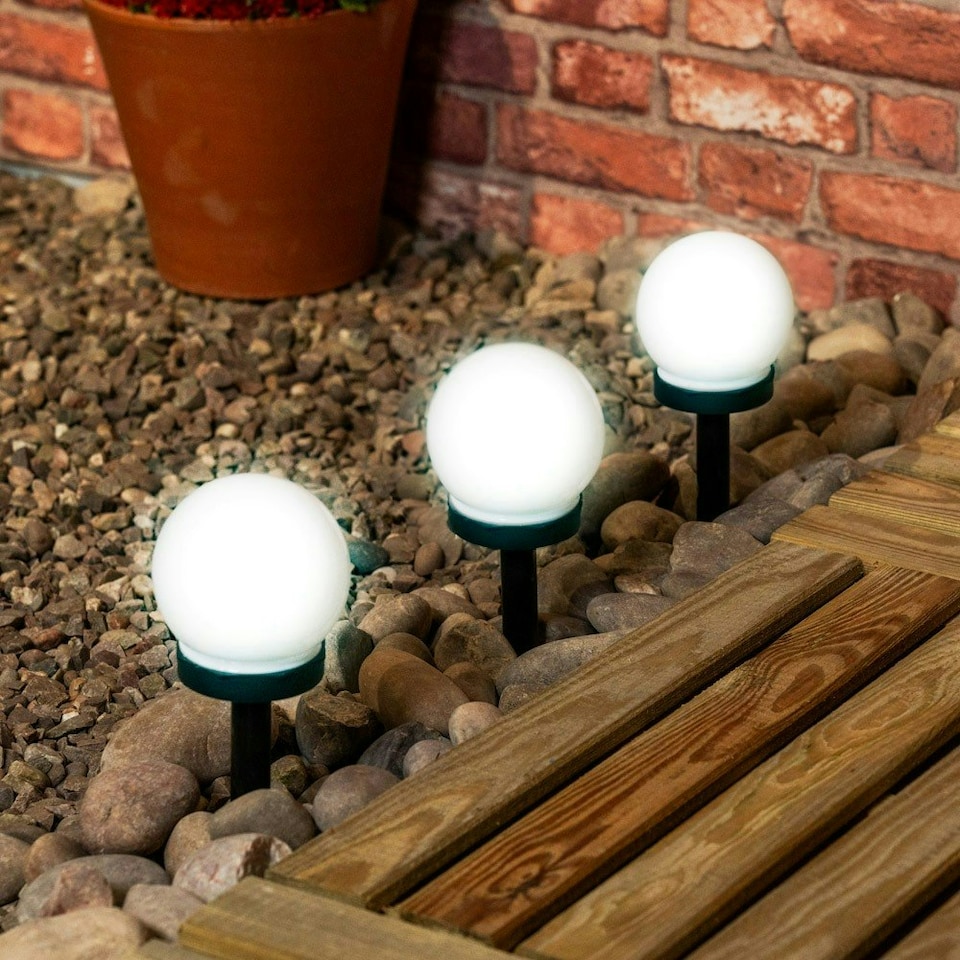 image 1 of ValueLights 3 Pack Solar Powered Outdoor Frosted Globe Spike Lights Garden Stake Lamp